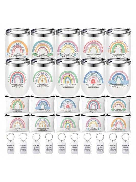 Homehours 30 Pcs Inspirational Gifts Bulk for Women Employee Appreciation Gifts Include 10 Pcs Thank You Keychain 10 Pcs 12 oz Wine 10 Pcs Rainbow Canvas Makeup Bags for Coworker Staff Teacher