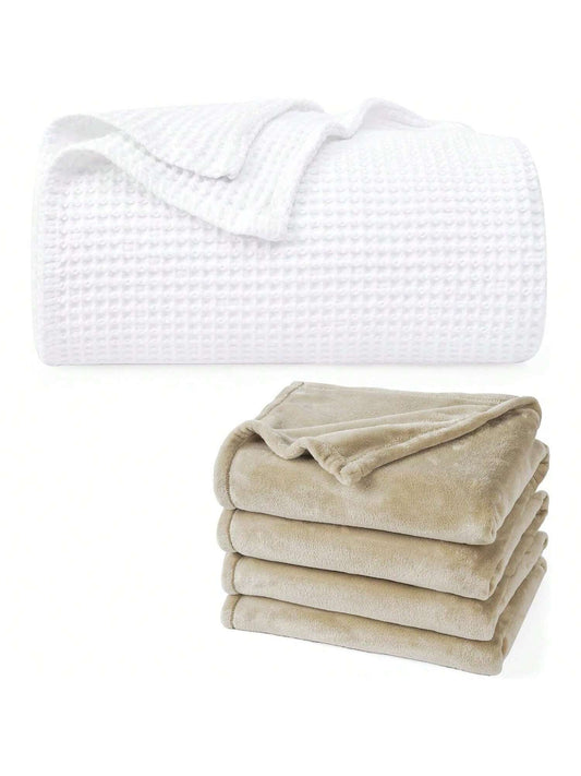 Homehours 100% Cotton Waffle Weave Blanket Queen Size Ultra Soft Fleece Blanket Queen Size