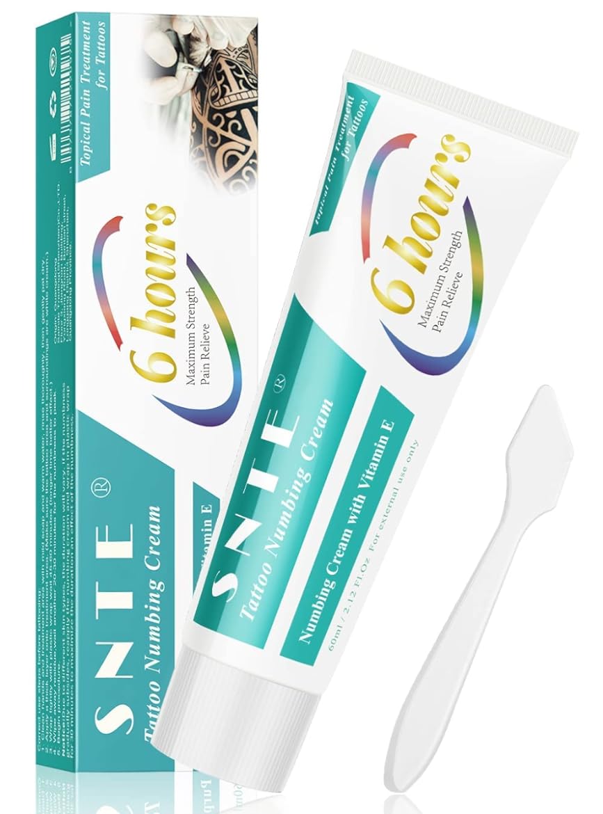 SNTE Tattoo Numbing Cream, (2.12Oz) 6-8 Hours Maximum Strength Painless Cream, for Tattoos with Aloe Vera, Vitamin E, Lecithin