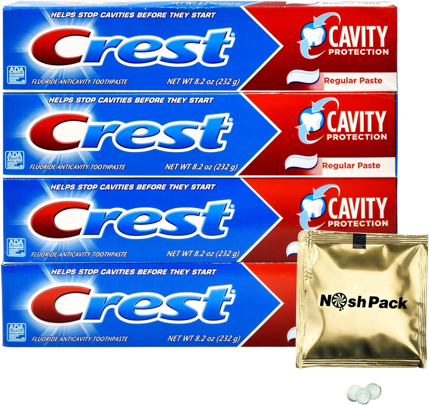 Fluoride Cavity Protection Toothpaste 8.2 Ounce Regular Paste, Bulk Toothpaste, Prevents Cavities Before They Start with Nosh Pack Candy Packet Mints (4 Pack)
