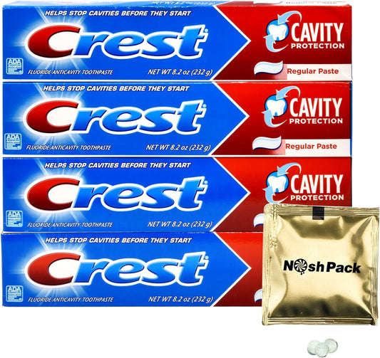 Fluoride Cavity Protection Toothpaste 8.2 Ounce Regular Paste, Bulk Toothpaste, Prevents Cavities Before They Start with Nosh Pack Candy Packet Mints (4 Pack)