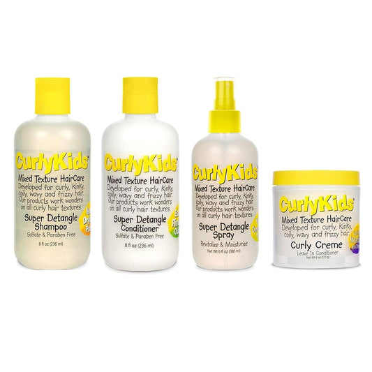 CurlyKids Mixed Hair HairCare Set Super Detangling Shampoo/Conditioner 8.0 Ounce, Spray 6.0 Ounce, Curly Cr�me Conditioner 6.0 Ounce - 4-Pack