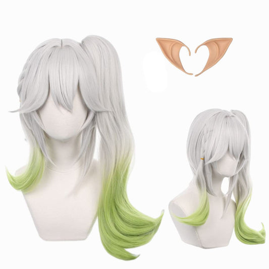 Jiwoocos Nahida Gray Mix Green Cosplay Wig Heat Resistant Synthetic Hair Halloween Party Wigs + Free Wig Cap + Elf Ears