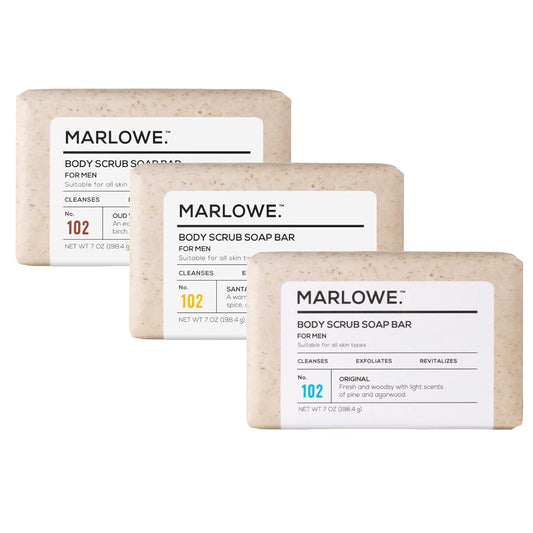 MARLOWE. No. 102 Men's Body Scrub Soap 7oz (Variety Trio) | Best Exfoliating Bar for Men | Made w/Natural Ingredients | Green Tea Extract | Features 3 Amazing Scents