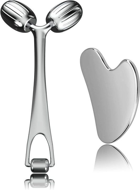 Face Massager, Metal Face Roller Gua Sha Massage Tool for Face Neck Eye Body Skin Care, Facial Roller for Women