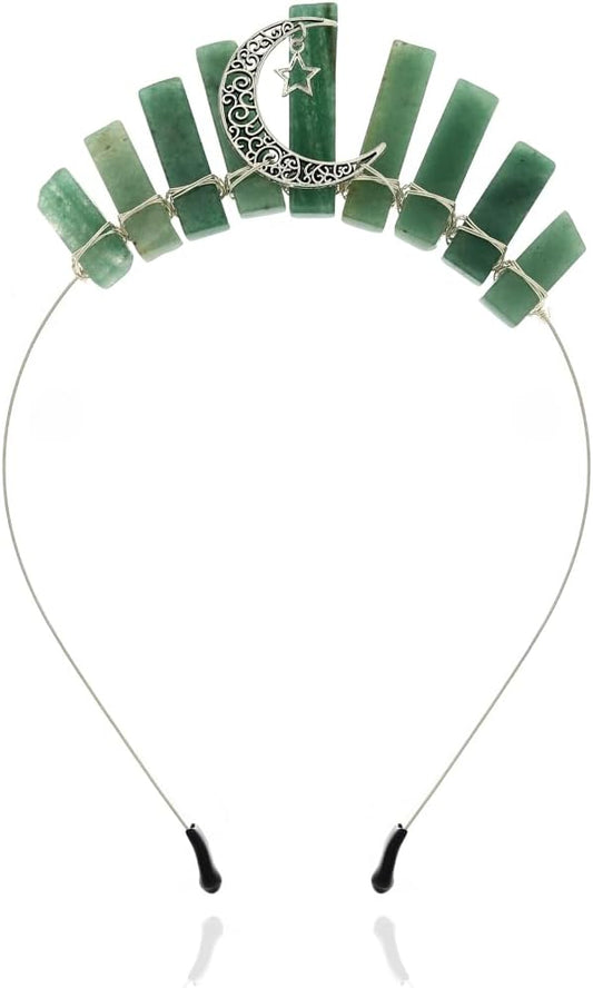 Formery Moon Aventurine Crown Headband Silver Green Quartz Natural Stone Aura Tiara Headpiece Fairy Elf Woodland Witch Halloween Handmade Star Raw Crystal Hair Accessories for Women and Girls