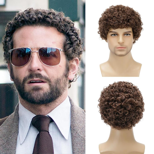 Daiaces Men Short Curly Afro Wigs Brown Wig,70s 80s Disco Male Wig Guy Rocker Elf Wig for Daily Christmas Halloween Cosplay Party Costume Wigs