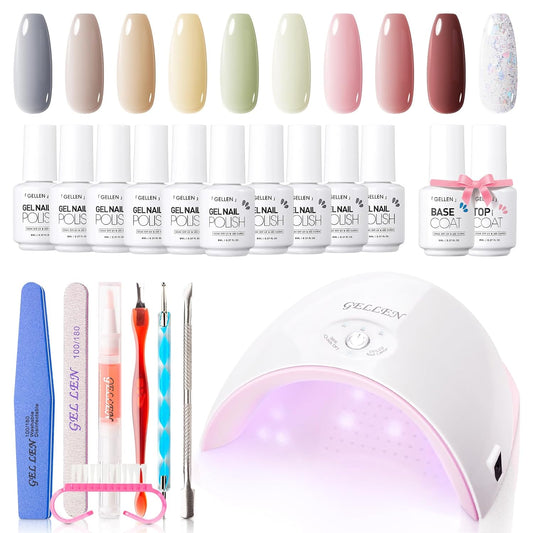 Gellen Jelly Gel Nail Polish Kit with UV Light, 10 Colors Pink Green Milky white Sheer Jelly Gel Polish 36W Nail Lamp Base&Top Coat, All-In-One Gel Manicure Starter Kit, Salon/Home DIY Nail Art Tools