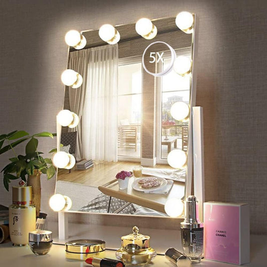 HIEEY Hollywood Vanity Mirror with 12 Dimmable Bulbs Lights , Three Color Lighting Modes, and 5X Magnification , Smart Touch Control, 360¡Rotation (White,Gift Box)