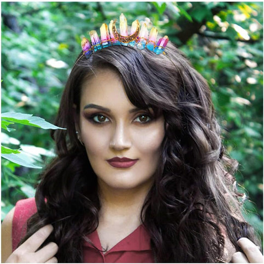 Formery Moon Raw Crystal Crown Headband Gold Colorful Quartz Aura Tiara Headpiece Natural Stones Fairy Elf Woodland Halloween Handmade Hair Accessories for Women and Girls