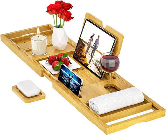 Premium Bathtub Tray Caddy - Bath Tray Bamboo Expandable - Bath Tub Tray Table for Bathtub - Expandable Size, Fits Most Bath Tubs