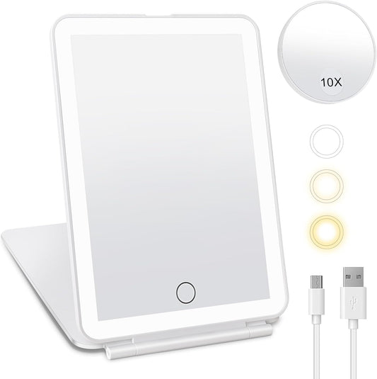 Ervbik Makeup Mirror with Lights, 2500mAh Rechargeable Travel Lighted Makeup Mirror with 3 Colors Lighting, Compact Desk Vanity Mirror with A Round 10X Magnifying Mirror For Travel Essentials,Cosmetic