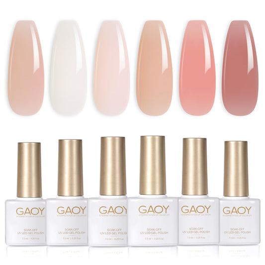 GAOY Milky Jelly Nude Gel Nail Polish Set, 6 Transparent Colors Sheer White Pink Gel Nail Kit for Salon and Nail Art DIY at Home