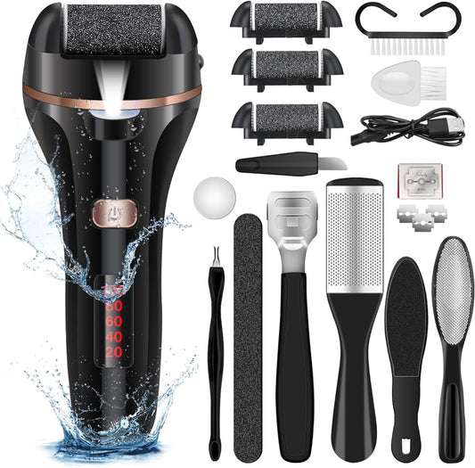 Electric Foot File Callus Remover,Rechargeable Pedicure Tools for Feet Foot Care Kit,Callus Remover for Feet with 3 Roller Heads,2 Speed,Battery Display for Remove Cracked Heels Calluses and Hard Skin