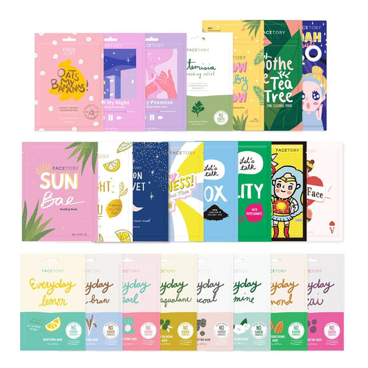FACETORY 23 Sheet Mask Collection - Hydrating, Moisturizing, Radiance Boosting, Soothing, Redness Relief - For All Skin Types, Made in Korea, Variety Pack of 23 Sheet Masks