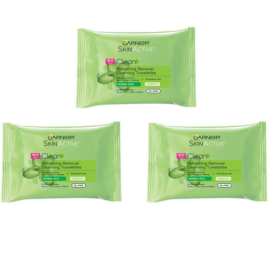 Garnier SkinActive Clean+ Refreshing Makeup Remover Wipes, 25 Wipes, 3 Count (Packaging May Vary)