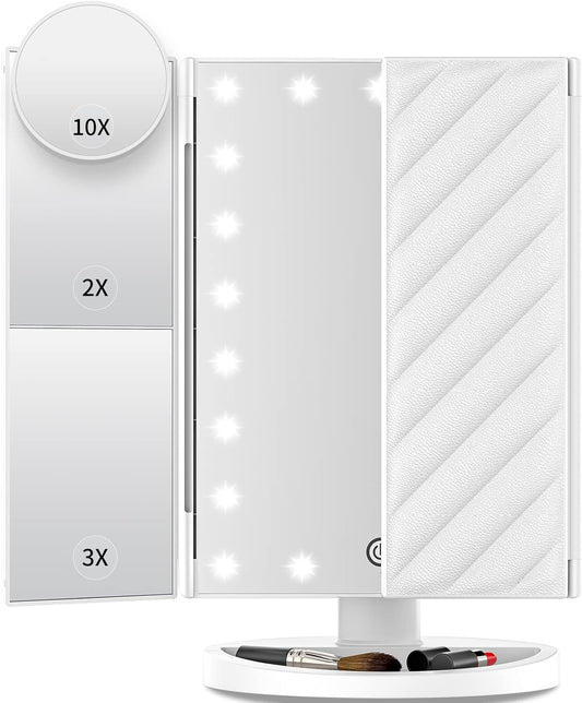 Eluosin Vanity Mirror with Lights, Lighted Makeup Mirror with 2X 3X 10X Magnification, 21 LED Trifold Compact Touch Dimming Light Up Mirror, Dual Power Supply, Gifts for Women (White)