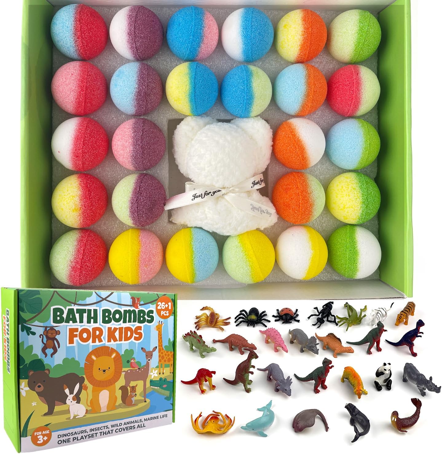 Kids Bath Bombs with Surprise Inside, 26pcs Bath Bombs with Toys and 1 Bear Towel Gift for Boys/Girls, Party Favors for Kids Natural Organic Bubble Bath with Animals Bath Bombs for Christmas