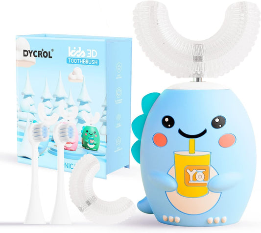 Kids U Shaped Electric Toothbrush, Sonic Toothbrush Kids with 5 Modes & 4 Brush Heads, Cartoon Dinosaur 360-Degree Cleaning IPX7 Waterproof Design (2-6 Age (Sky Blue))