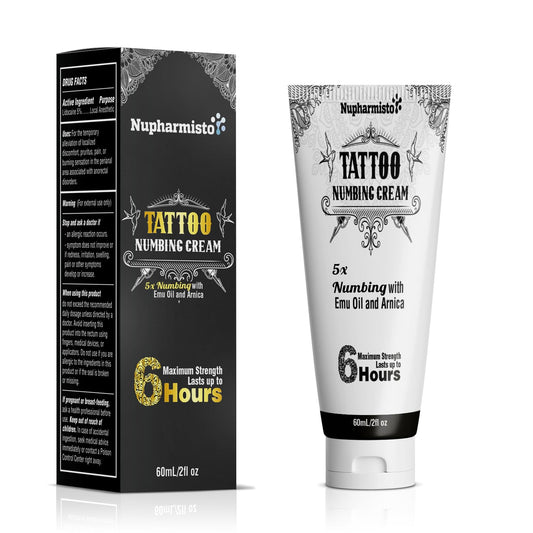 Nupharmisto 6 Hours Maximum Strength Numbing Cream Tattoo (2oz/ 60ml), Painless Tattoo Numbing Cream, Numbing Cream for Tattoos Extra Strength with 5x Numbing, Emu Oil and Arnica. 2oz/ 60ml