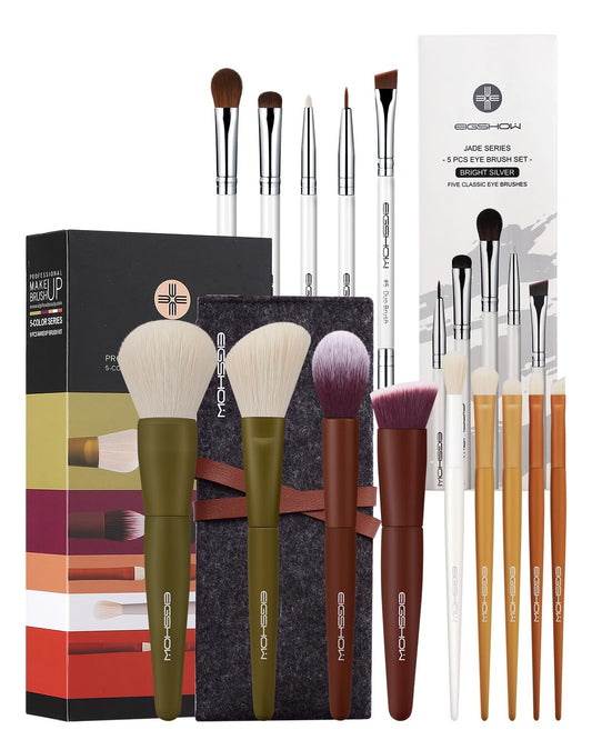 EIGSHOW 5pcs Basic Eye Makeup Brushes Set & 9pcs 5 Colors Essential Kabuki Makeup Brush Set with Ultra-soft Synthetic Fibers for Powder Blush Concealers Contouring Highlighting (Warm Colors)