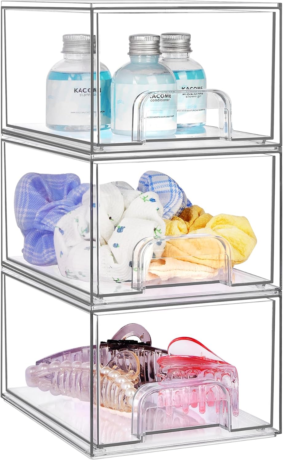 3 Pack Stackable Makeup Organizer Storage Drawers, Vtopmart 4.4'' Tall Acrylic Bathroom Organizers_Clear Plastic Storage Bins For Vanity, Undersink, Kitchen Cabinets, Pantry Organization and Storage