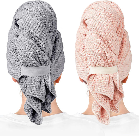ROLSHOL 2 Packs Large Microfiber Hair Towels for Women, Super Absorbent & Quick Dry Hair Towel Wrap for Curly Hair Long & Short Hair- Anti-Frizz Hair Turbans for Wet Hair (Gray & Pink) - 27.5''*39.4''