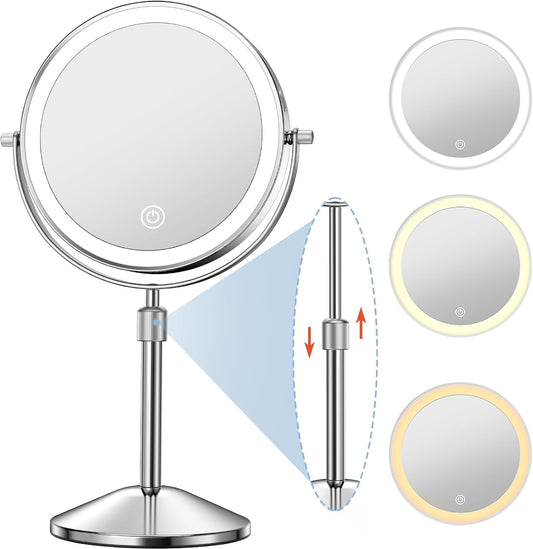 Niuphia Vanity Mirror with Lights 7" Rechargeable 1x/10x Lighted Makeup Mirror Adjustable Height Double Sided Mirror with Lights 360¡Rotating Makeup Mirror