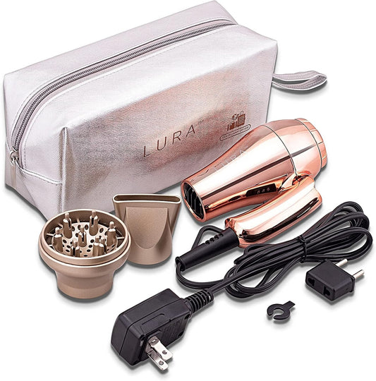 LURA Mini Portable Travel Hair Dryer:Dual Voltage Small Lightweight Blow Dryer with EU Plug,1200W Compact Hairdryer with Folding Handle,with Concentrator&Diffuser Attachment,for Women and Men