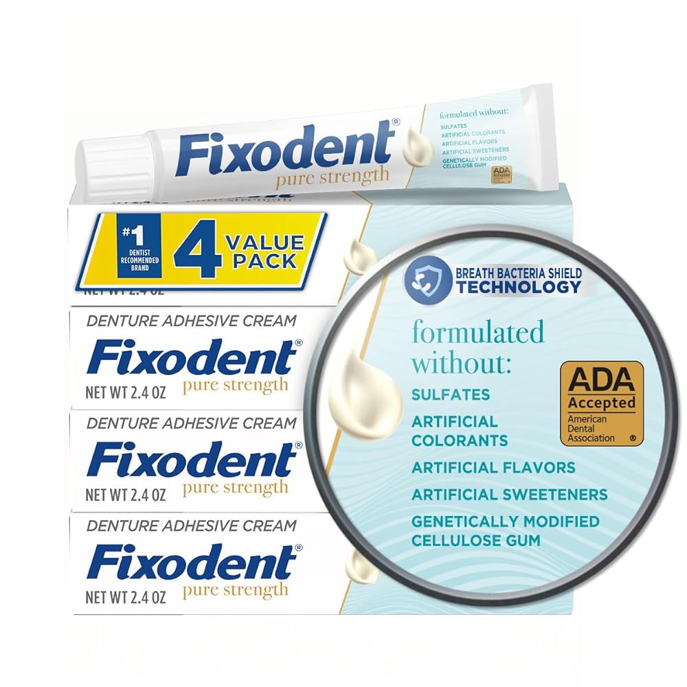 Fixodent Pure Strength Secure Denture Adhesive Cream for Full and Partial Denture Wearers, 2.4oz (Pack of 4)