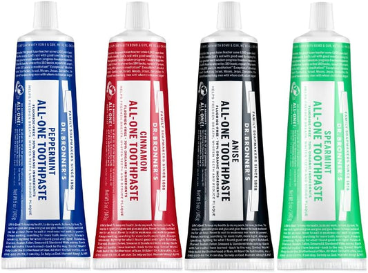 Dr. BronnerÕs - All-One Toothpaste Variety Pack - Peppermint, Cinnamon, Anise, & Spearmint, 70% Organic Ingredients, Natural & Effective, Fluoride-Free, Helps Freshen Breath, Vegan (5oz, 4-Pack)