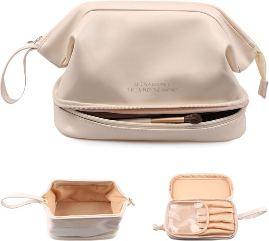 Abiudeng Large Makeup Bag,Double Layer Cosmetic Bag,Travel Makeup Bag,Leather Makeup Bag, Cosmetic Travel Bags,Portable Leather Toiletry Bag,Roomy Cosmetic Bag for Women and Girls