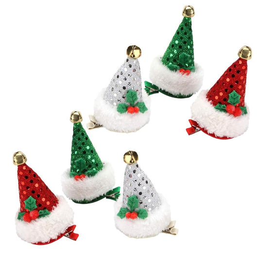 Lurrose 6Pcs Merry Christmas Hair Clips Lovely Coloful Sequins Santa Hat Bell Hairpins Kids Adult Sweet Headdress for Cosplay Christmas Holiday