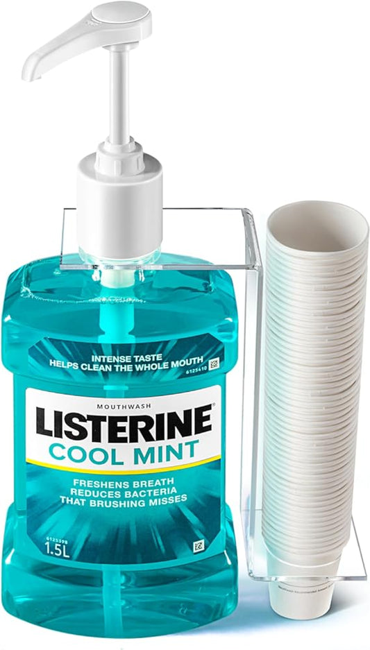 Mouthwash Dispenser Made for Listerine 1.5 or 1 L Bottles with Cups, Holder, and Pump. (Mouthwash Holder Set)