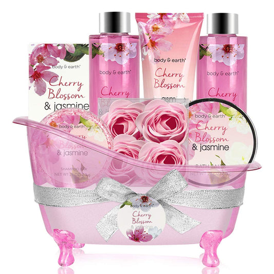 Gift Baskets for Women - Body & Earth Bath and Body Gift Set for Women, Cherry Blossom & Jasmine Spa Gifts with Bubble Bath, Shampoo Soap Lotion Set, Regalos Para Mujer, Valentines Day Gifts for Her