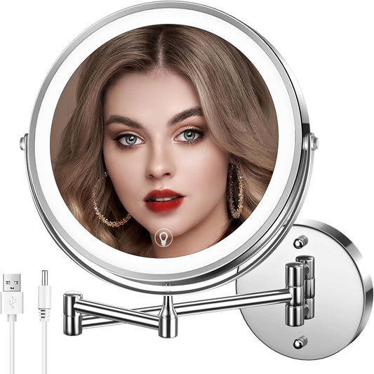 MNIENT Wall Mounted Lighted Makeup Mirror, 8" Rechargeable Double-Sided Magnifying Mirror 1x/10x, 3 Colors Led Vanity Mirror with Lights, Touch Dimmable 360¡ Rotation Foldable Light up Mirror