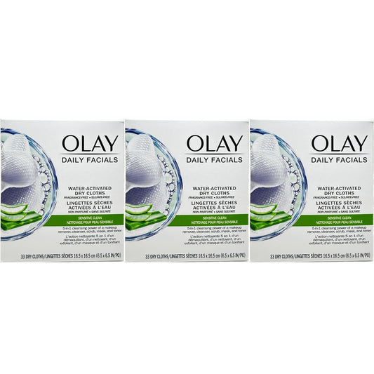 OLAY Daily Gentle Clean 5-in-1 Water Activated Cloths, 33 Count (Pack of 3)