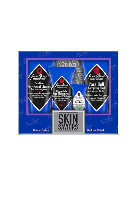 Jack Black Skin Saviors Set Ð Pure Clean Daily Facial Cleanser, Double-Duty Face Moisturizer SPF 20, Intense Therapy Lip Balm SPF 25 Natural Mint & Shea Butter, & Face Buff Energizing Scrub
