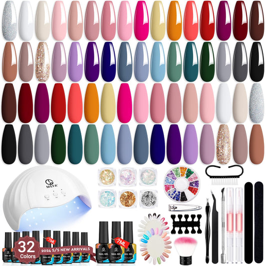 MEFA Gel Nail Polish Kit with U V Light 56 Pcs, 32 Colors Classic Collection Nude Pink Gel Nail Polish Set with Base and Matte/Glossy Top Coat Nail Art Decorations Manicure Tools DIY Salon Home Gifts