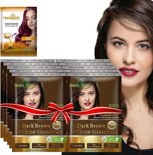 Herbishh Hair Color Shampoo for Gray HairÐNatural Hair Dye Shampoo with Argan Hair MaskÐTravel size-Colors Hair in MinutesÐLong lasting colourÐ10pack+1packÐAmmonia-Free (Dark Brown)