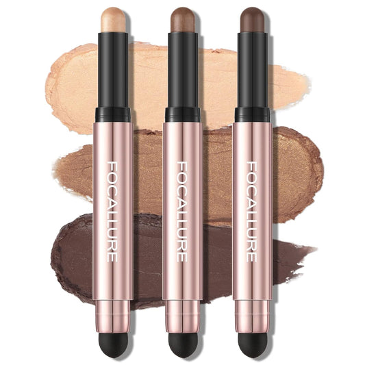 FOCALLURE 3 Pcs No Crease Eyeshadow Sticks,Shimmer & Matte Eye Shadow Crayon with Blending Brush,Smooth Cream Highlighter Pen,Long Lasting Waterproof Eyeshadow Brightener Stick Makeup,July In Seattle