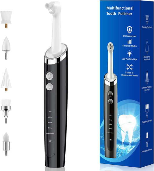 Pelzzle Rechargeable Tooth Polisher Kit for Daily Cleaning, Whitening and Polishing, Electric Dental Teeth Polisher with LED Light, 5 Brush Heads, 5 Speed Modes, Waterproof