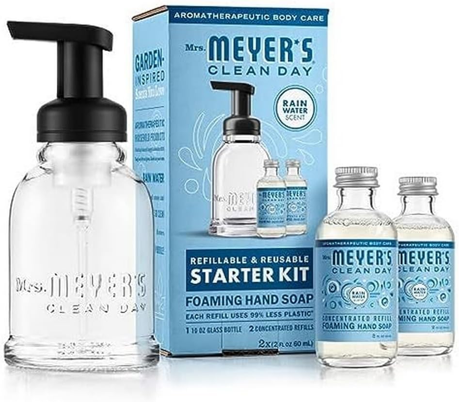MRS. MEYER'S CLEAN DAY Foaming Hand Soap Dispenser & Concentrate Starter Kit,1 Glass Dispenser (10 Fl. Oz.) & 2 Concentrated Refills (2 Fl.Oz. each),Rain Water, Makes 20 Fl. Oz. of Foaming Soap Total