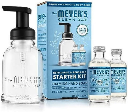 MRS. MEYER'S CLEAN DAY Foaming Hand Soap Dispenser & Concentrate Starter Kit,1 Glass Dispenser (10 Fl. Oz.) & 2 Concentrated Refills (2 Fl.Oz. each),Rain Water, Makes 20 Fl. Oz. of Foaming Soap Total