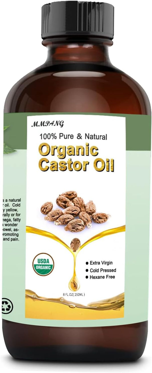 MMPANG 100% Pure Cold Pressed Castor Oil USDA Certified Organic Glass Bottle Hexane Free for Stimulate Growth Hair, Moisturize Body Skin & Promotes Intestinal Digestion 250 ML/8.45 OZ