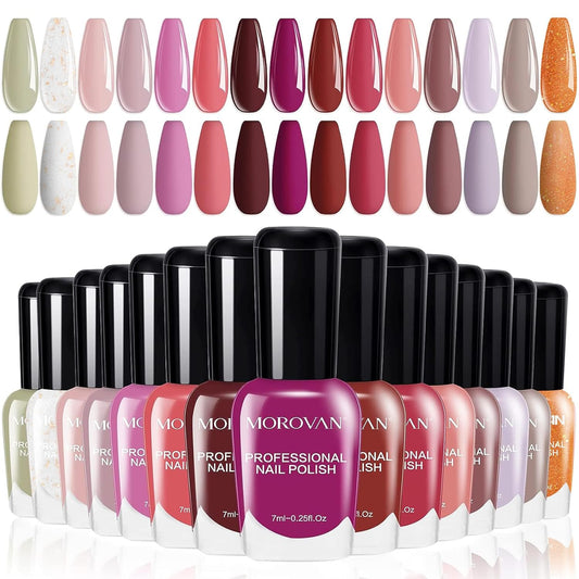 Morovan 15-Color Pink Air Dry Nude Nail Set - 0.25oz Non Gel Fingernail Polish Kit Gift Set for Women