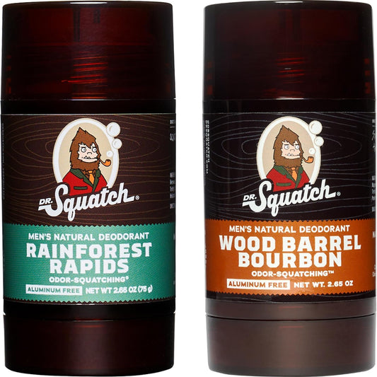 Men's Natural Deodorant - Aluminum-Free Deodorant from Dr. Squatch - Natural Deodorizer - made w/charcoal - Deodorant for Men - Smell fresh with Rainforest Rapids and Wood Barrel Bourbon (2 Pk)