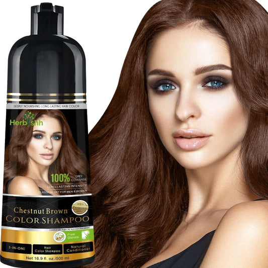 Hair Color Shampoo for Gray Hair Ð Magic Hair Dye Shampoo Ð Colors Hair in MinutesÐLong LastingÐ500 MlÐ3-In-1 Hair ColorÐAmmonia-Free | Herbishh (Chestnut Brown)