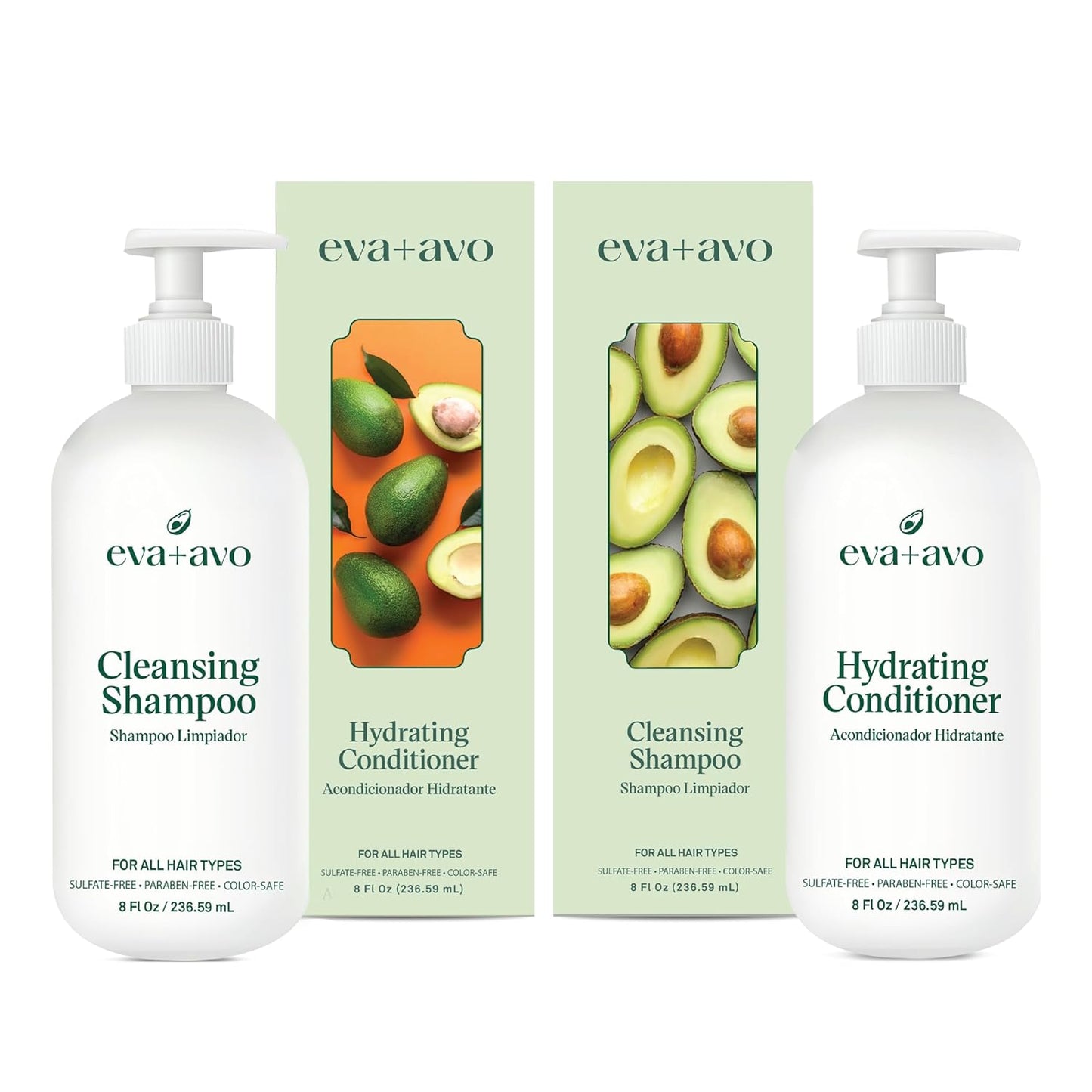 EVA + AVO Shampoo and Conditioner Set Ð Cleansing Shampoo and Hydrating Conditioner with Avocado Oil and Wild Rosemary for All Hair Types Ð 8 Fl Oz