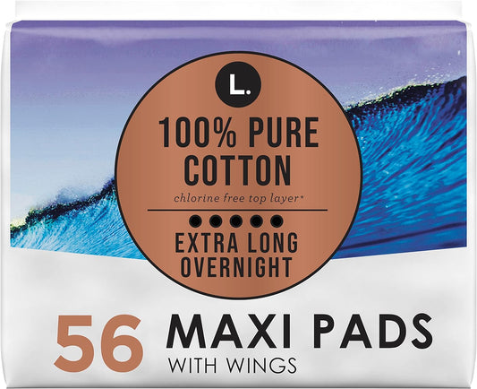 L. Pure Cotton Topsheet Pads for Women, Extra Long Overnight Pads, Maxi Pads with Wings, Unscented Menstrual Pads, 28 Count x 2 Packs (56 Count Total)